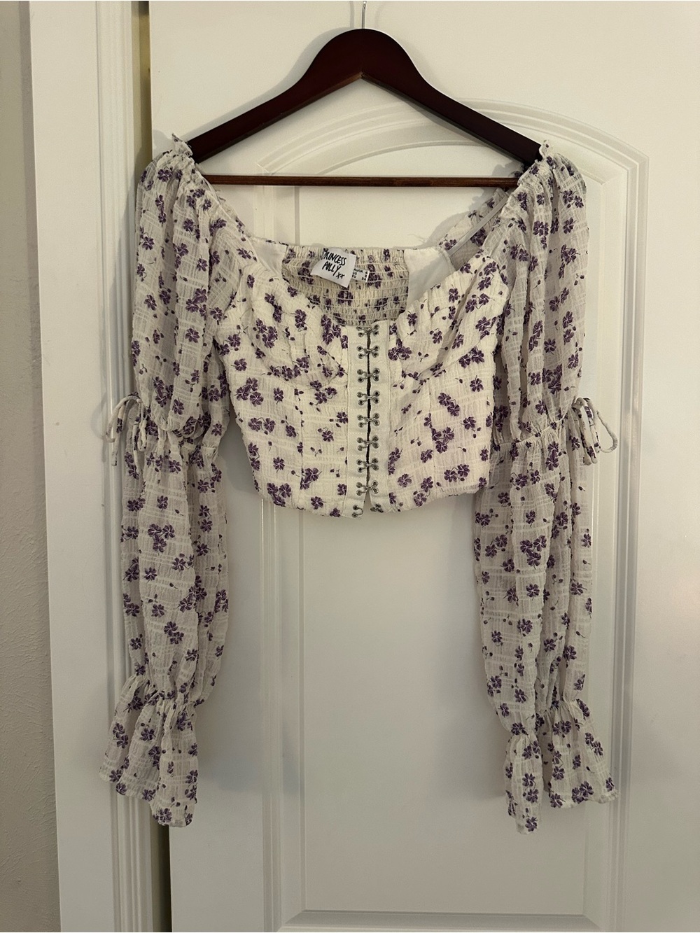 Princess Polly Lilac Floral Puff-Sleeve Crop Top